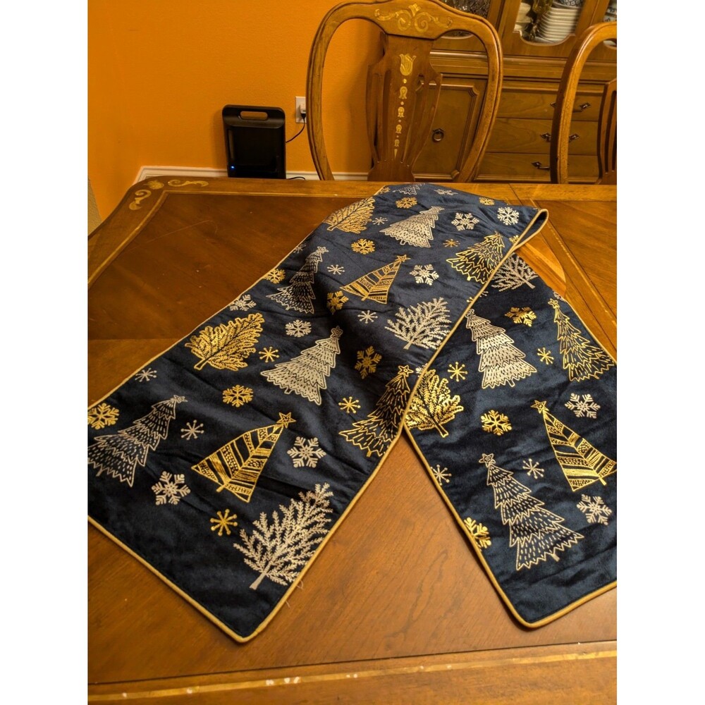 House & Garden Table Runner Centerpiece 14”x70" Blue Gold Decorated